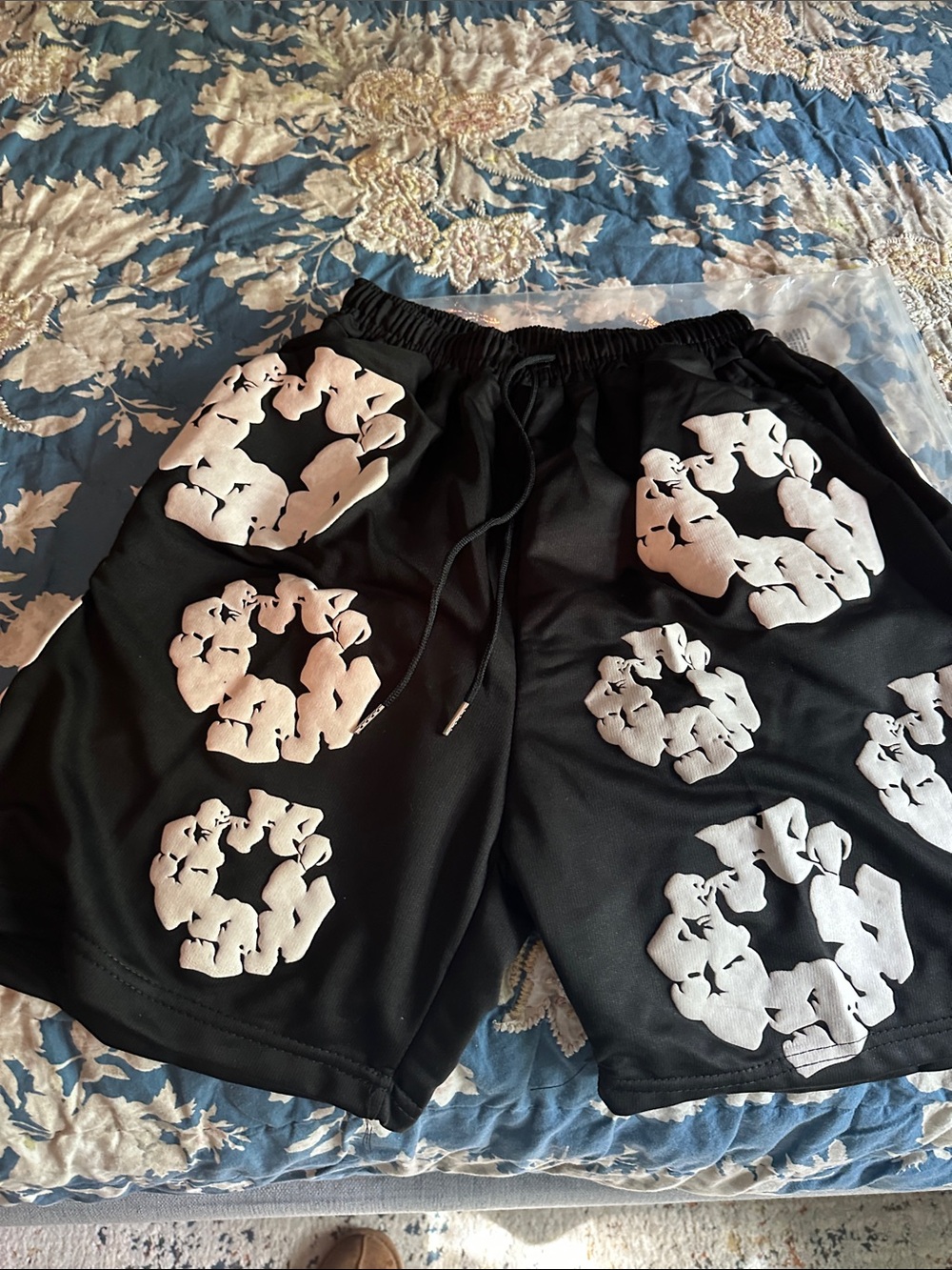 Men's Black Athletic Shorts with White Graphic Ring Prints